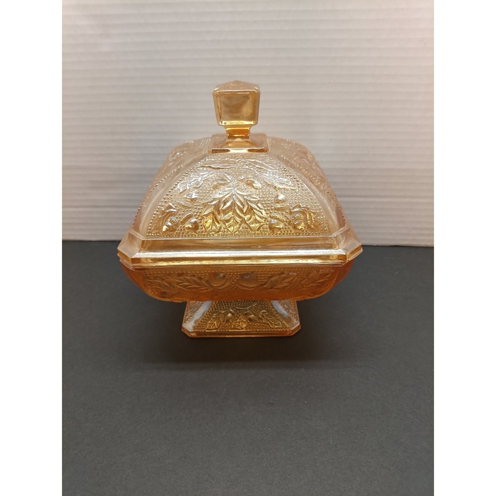 Vintage Jeanette Amberina Marigold Lusterware Footed Glass Candy Dish with Lid